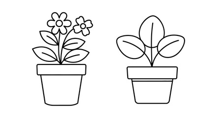 Simple line drawing of two potted plants with floral and leafy details