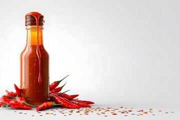 Spicy Chili Sauce Bottle Surrounded by Fresh Red Chilies