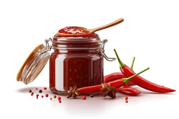 Spicy Chili Jam in Jar with Red Chili Peppers and Spices