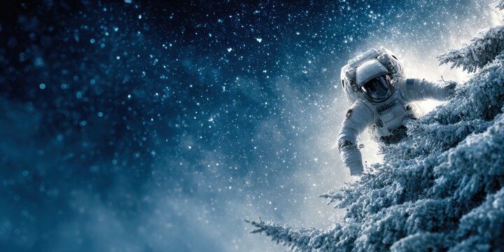 Astronaut explores snowy mountain in outer space setting