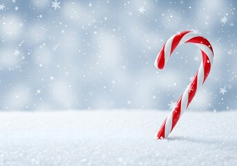 Red and white candy cane standing in fresh snow during winter season