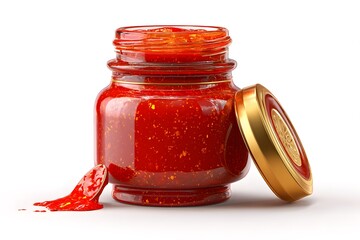 Bright Red Sauce in Lidless Jar with Spoon on White Background