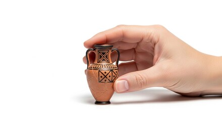 Hand holds a small brown cracked Greek amphora with black geometric designs against a white background