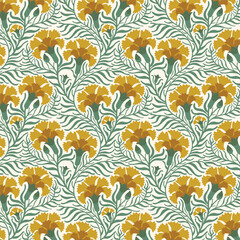 flowers with undulating mint green and blue stems, creating a rhythmic and organic design perfect for textiles, fine art prints, or vintage-inspired branding.