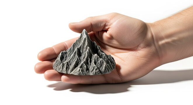 Hand holds a small detailed model of a jagged rocky mountain under bright even lighting