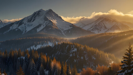 Immense snow-covered mountain peaks observed above a dense layer of atmospheric mist covering the deep coniferous forest. Scenic nature and travel concept