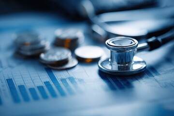 Stethoscope examining financial bar chart with coins, symbolizing healthcare costs, medical finance, and economic health analysis