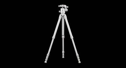 White camera tripod against a stark black background