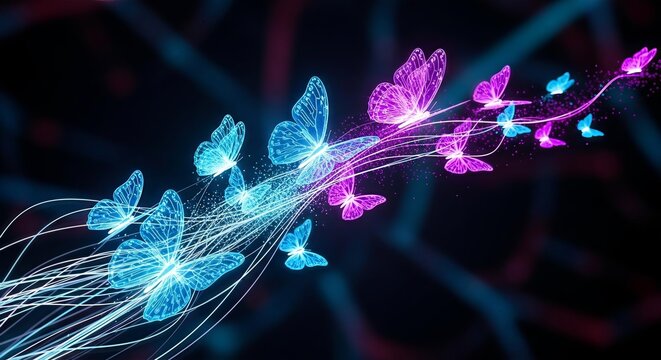 Digital butterflies in blue and pink on a dark background.