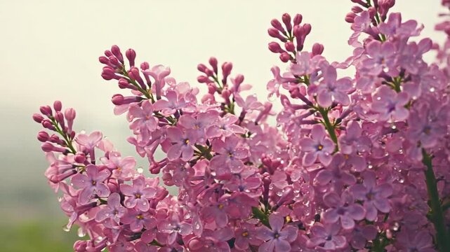 Soft focus close-up of fragrant pink and purple lilac flowers blooming in a tranquil spring garden setting