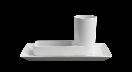 White ceramic cup bowl and plate set on black background simple design