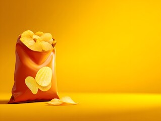 Crunchy Potato Chips in Vibrant Bag on Bright Yellow Background