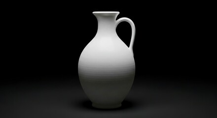White ceramic pitcher with curved handle on a dark surface against a black background