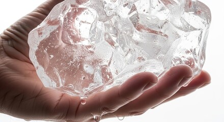 Hand holds block of melting ice dripping water