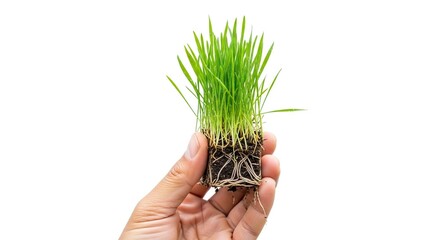 Hand holds clump of grass with visible roots and soil against a white background