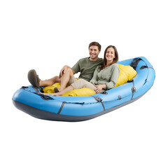  A couple sitting in an inflatable kayak on white or transparent background.