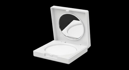 White compact makeup case open to reveal mirror  powder against a black backdrop
