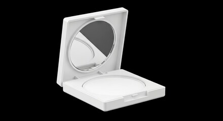 White compact with mirror open on black background square case