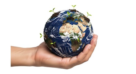 Hand holds Earth globe with sprouting plants