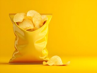 Yellow Bag of Crispy Potato Chips on Bright Yellow Background