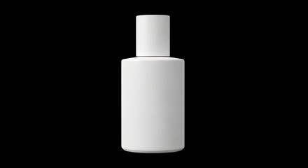 White cosmetic bottle with cylindrical body and cap on black background