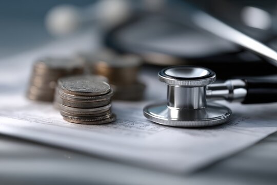 Stethoscope with stacked coins representing rising medical expenses, health insurance costs, and financial planning for healthcare