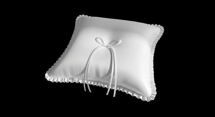 White cushion with frills tied with white ribbons on a black backdrop