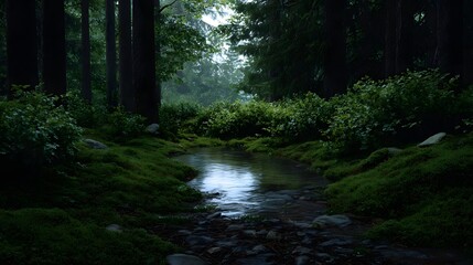 Obraz premium Serene forest stream flowing through lush moss covered woodland