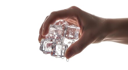 Hand holds melting ice cubes against a bright white backdrop showing droplets