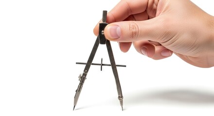 Hand holds metal compass silver finish legs open sharp tips Shadow visible on white background