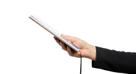 Hand holds notebook with black string closure against a plain white backdrop