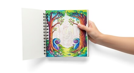 Hand holds open sketchbook with a whimsical forest coloring page some parts are colored