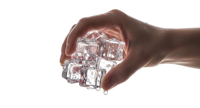 Hand holds melting ice cubes against a bright white backdrop showing droplets