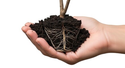 Hand holds seedling roots visible in soil