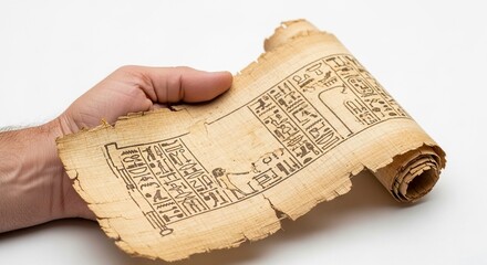 Hand holds rolled papyrus scroll with hieroglyphics against a white background