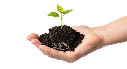 Hand holds soil with plant roots visible against a white background