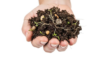 Hand holds soil with emerging sprouts and small rocks set against a white backdrop