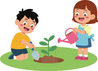 Children gardening, teamwork outdoors, planting together, environmental care, kids with watering can, soil and plant, nature activity, spring garden, eco learning