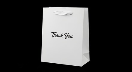 White gift bag Thank You in black script against black background simple and elegant