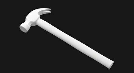 White hammer with a wooden handle set against a plain black background