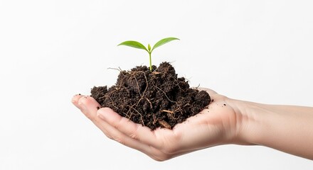 Hand holds soil with small plant isolated against white background