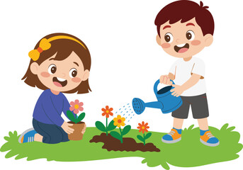Children gardening, teamwork, nature care, planting flowers, outdoor activity, kids in garden, watering plants, springtime, eco-friendly, educational, green lifestyle, soil, potted plant, flower bed