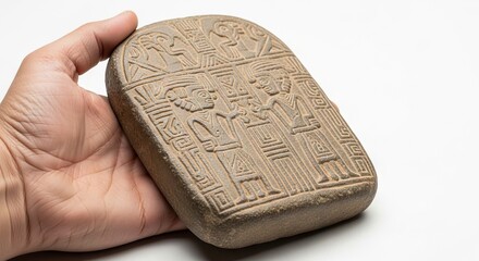 Hand holds stone artifact with carved figures lines and patterns