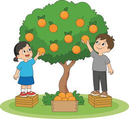 Children harvesting oranges, cartoon fruit picking scene, teamwork outdoors, orange tree illustration, kids on crates, cheerful farm activity, ripe citrus fun