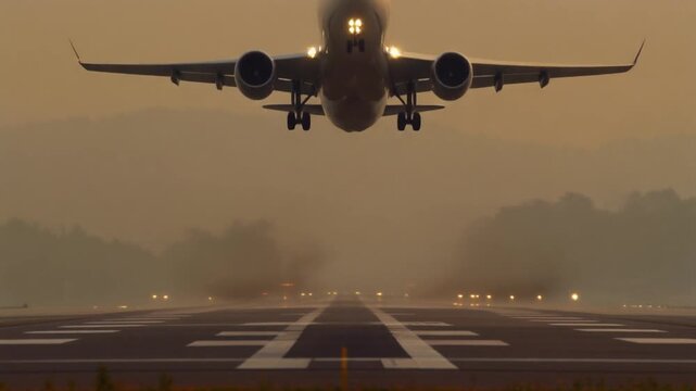 A commercial passenger jet takes off directly towards the camera on a wet runway, rising dramatically into a hazy or foggy atmosphere during sunrise or sunset.
