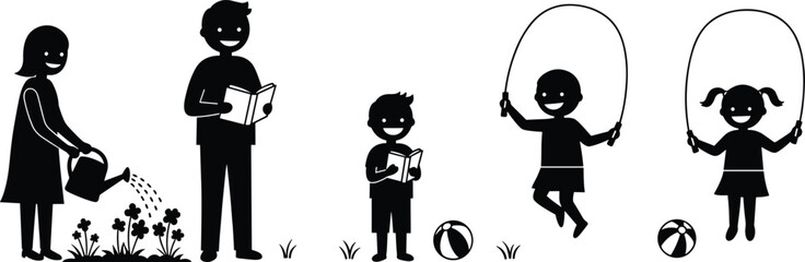 Children playing, reading books, jumping rope, watering flowers, outdoor activity, family fun, healthy lifestyle, garden scene, education, teamwork, joy