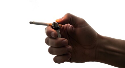 Hand lighting a cigarette with a lighter against a white backdrop