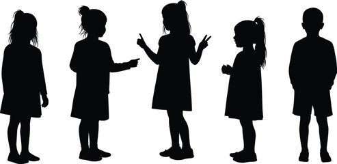Children silhouette illustration, diverse kid poses, black and white vector, standing children clipart, posture study, educational design element