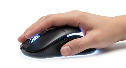 Hand rests on a black computer mouse with blue glowing accents set against a white backdrop