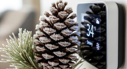 A smart home thermostat displays a cold, snowy forecast next to a frosted pinecone decoration.